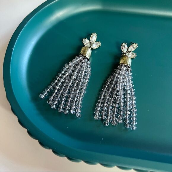 Smokey Charcoal Gray Antique Brass Crystal Fringe Beaded Drop Earrings - Picture 1 of 4